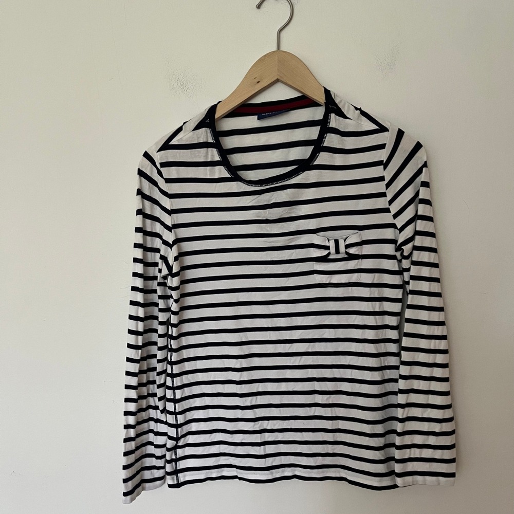 Saint James Navy White Breton Stripe Long Sleeve Top Bow Pocket Size US 10 SM